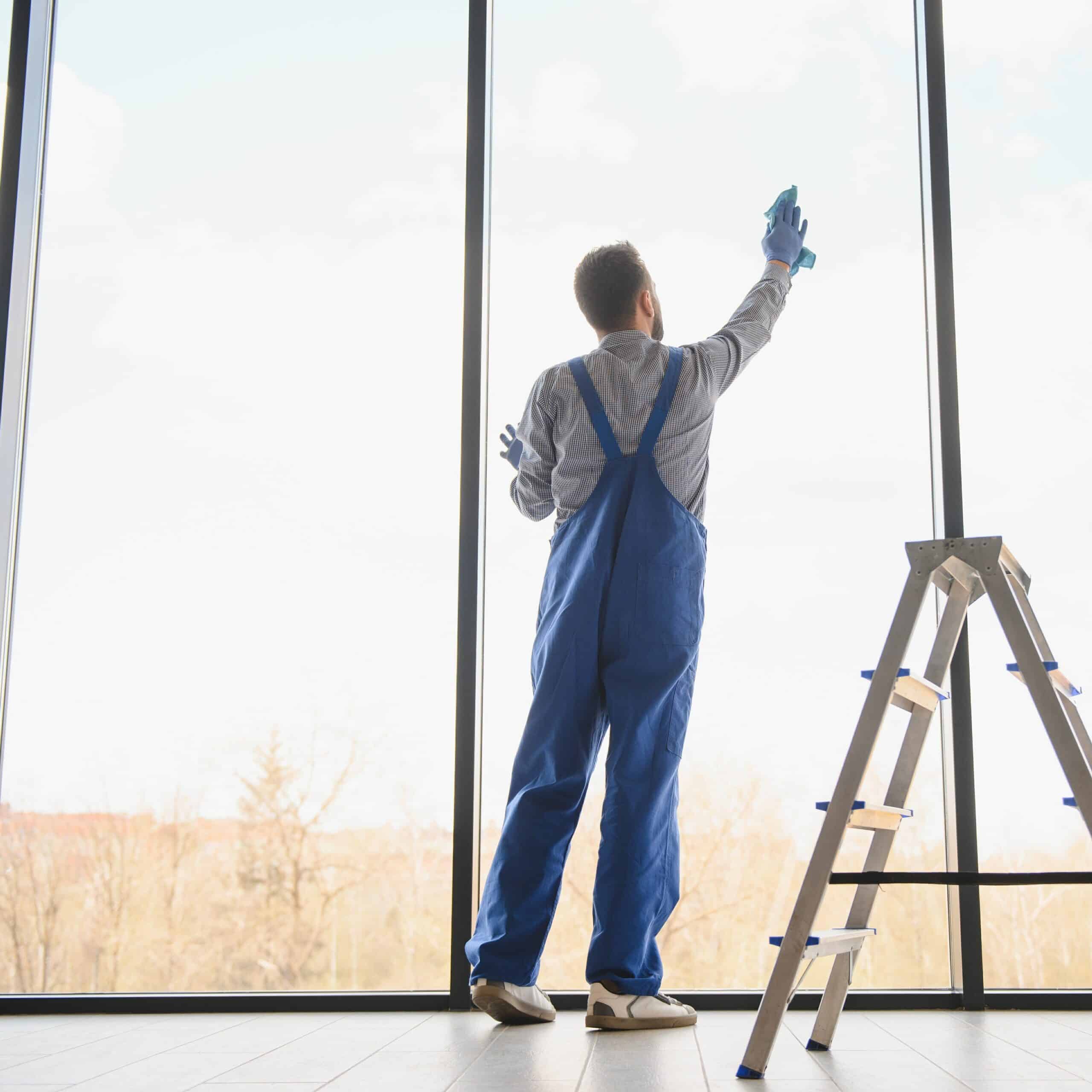 Ouvrier en salopette bleue lavant une grande baie vitrée avec un chiffon bleu et des gants, un escabeau est à côté.