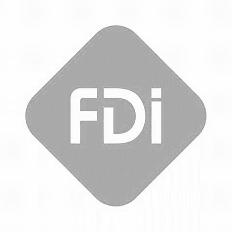 Logo FDI blanc sur fond gris losange