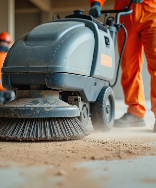 Balayeuse industrielle nettoie poussière chantier Aspirateur industriel balayeuse grise en action, soulevant de la poussière de ciment beige sur un sol plat, opérée par un travailleur en combinaison orange.